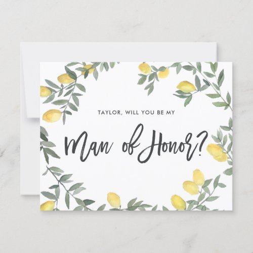 Boho Watercolor Lemon Wreath Man of Honor Card