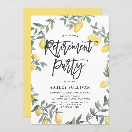 Boho Watercolor Lemon Wreath Retirement Party Invitation