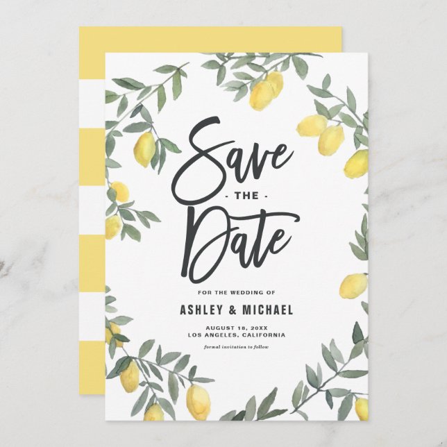 Boho Watercolor Lemon Wreath Save The Date (Front/Back)