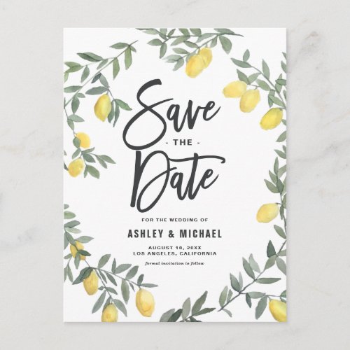 Boho Watercolor Lemon Wreath Save the Date Postcard