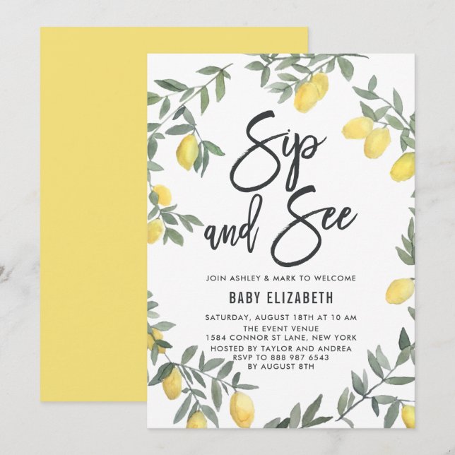 Boho Watercolor Lemon Wreath Sip and See Invitation (Front/Back)