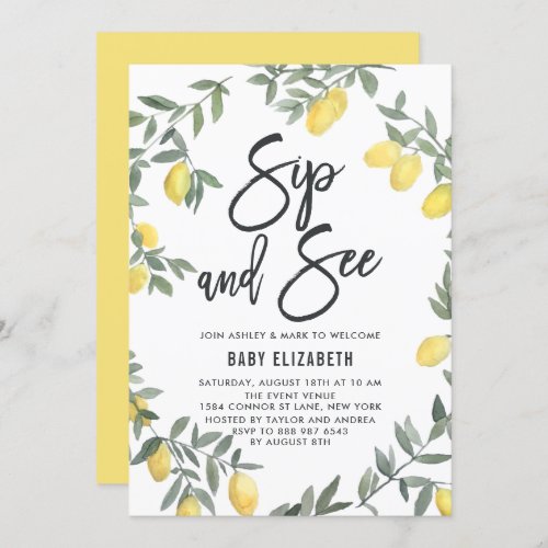 Boho Watercolor Lemon Wreath Sip and See Invitation