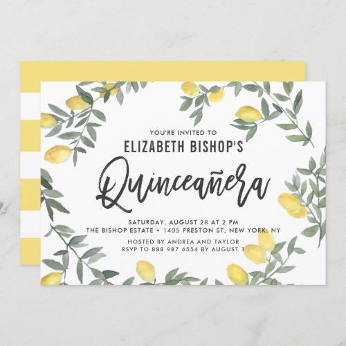 Boho Watercolor Lemon Wreath Summer Quinceaera Invitation