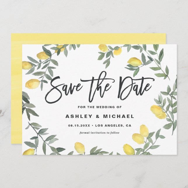 Boho Watercolor Lemon Wreath Summer Wedding Save The Date (Front/Back)