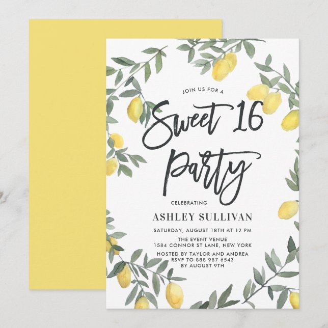 Boho Watercolor Lemon Wreath Sweet 16 Party Invitation (Front/Back)