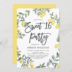 Boho Watercolor Lemon Wreath Sweet 16 Party Invitation