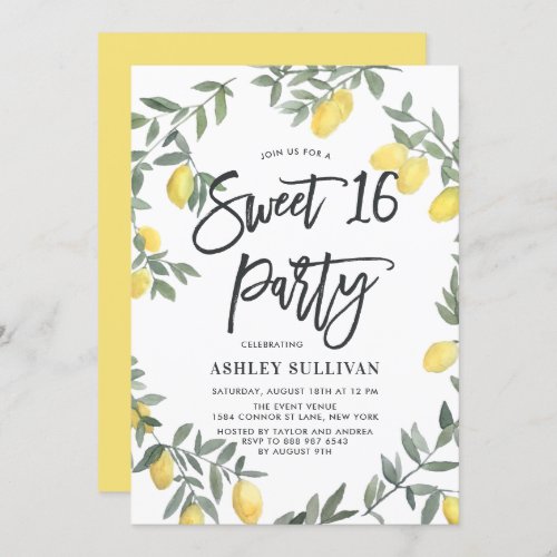 Boho Watercolor Lemon Wreath Sweet 16 Party Invitation