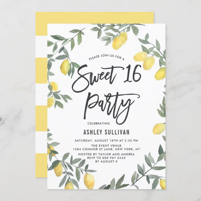 Editable BLW1 Boho Lemon Wreath Sweet 16 Party Invitation Template Printable Rustic Watercolor Lemon Wreath Summer Sweet Sixteen Invite