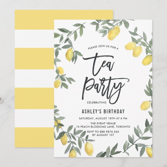 Boho Watercolor Lemon Wreath Tea Party Invitation (Front/Back)