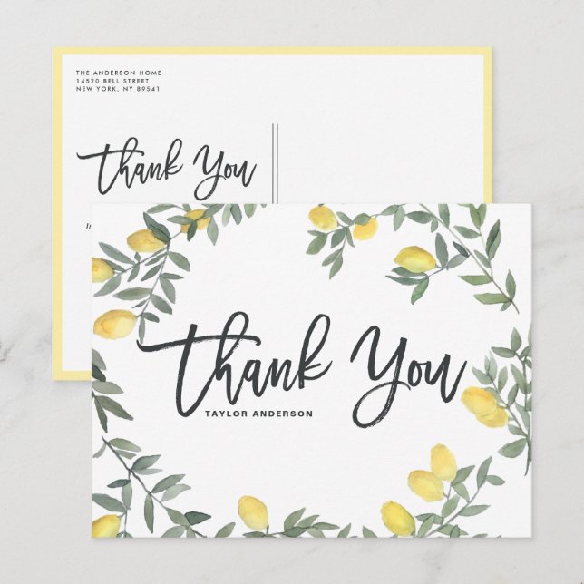 Boho Watercolor Lemon Wreath Thank You Postcard (Front/Back)