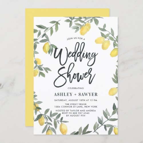 Boho Watercolor Lemon Wreath Wedding Shower Invitation