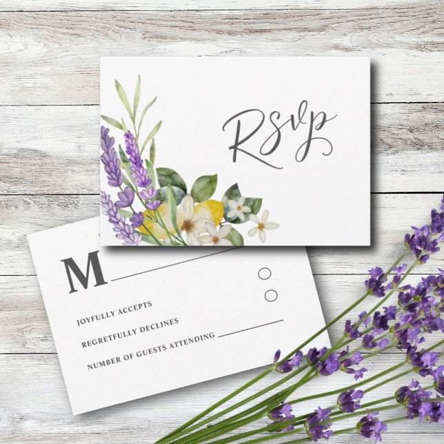 Boho Watercolor Lemons & Lavender Wedding RSVP Card (Creator Uploaded)