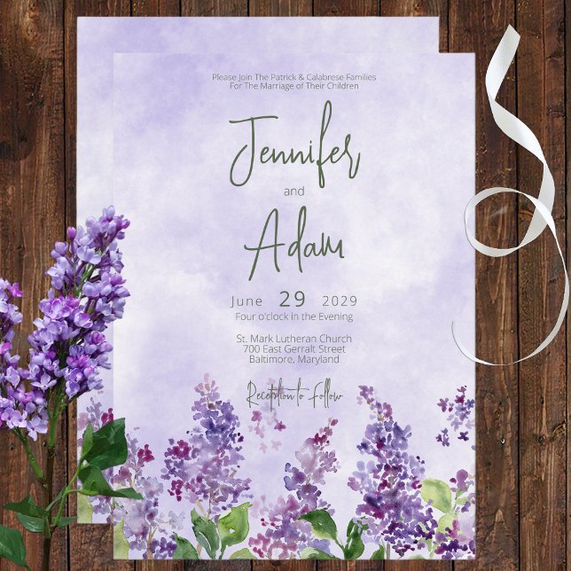 Boho Watercolor Lilac Flowers Wedding Invitation (Creator Uploaded)
