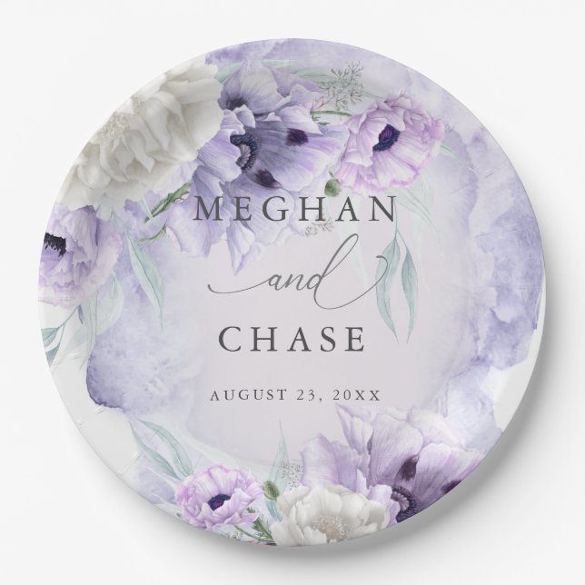 BOHO Watercolor Lilac Poppies Paper Plates (Front)