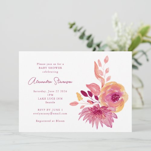 Boho Watercolor Magenta Red Flowers Baby Shower Invitation