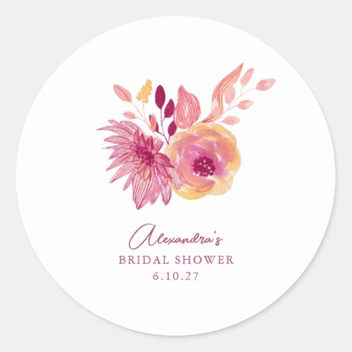 Boho Watercolor Magenta Red Flowers Bridal Shower Classic Round Sticker