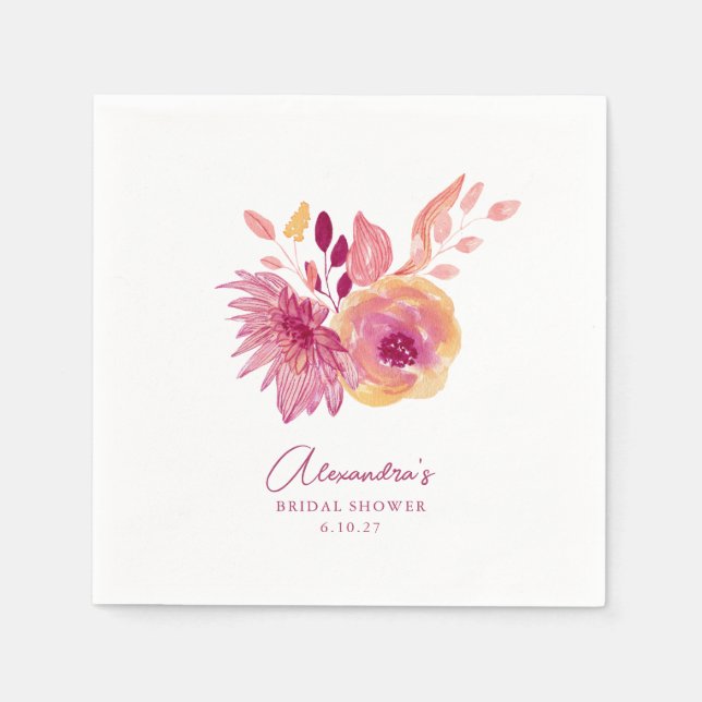 Boho Watercolor Magenta Red Flowers Bridal Shower Napkins (Front)