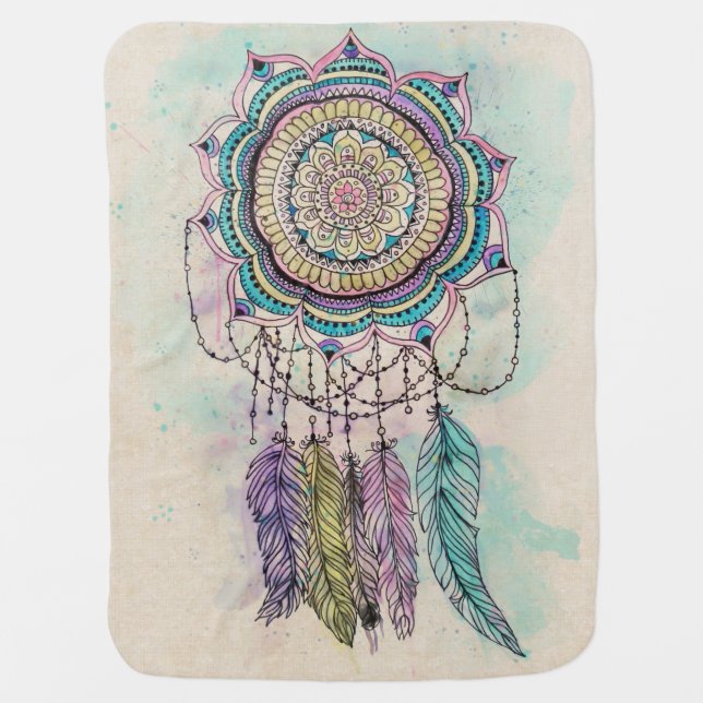 Boho Watercolor Mandala Dreamcatcher Baby Blanket (Front)