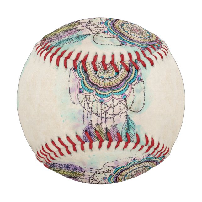 Boho Watercolor Mandala Dreamcatcher Baseball (Front)