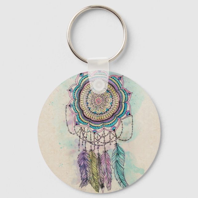 Boho Watercolor Mandala Dreamcatcher Keychain (Front)