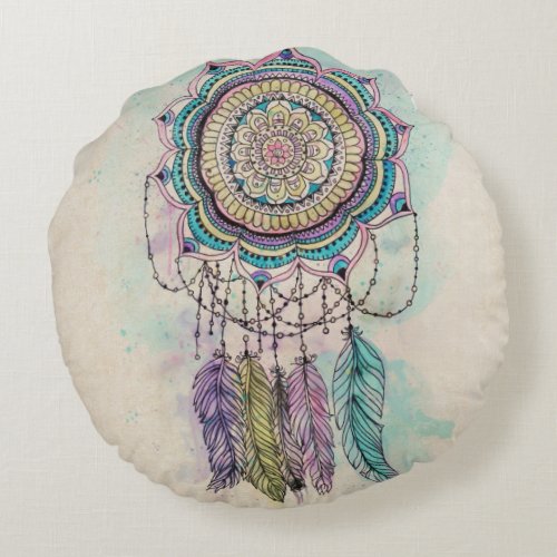 Boho Watercolor Mandala Dreamcatcher Round Pillow