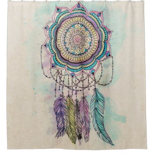 Boho Watercolor Mandala Dreamcatcher Shower Curtain