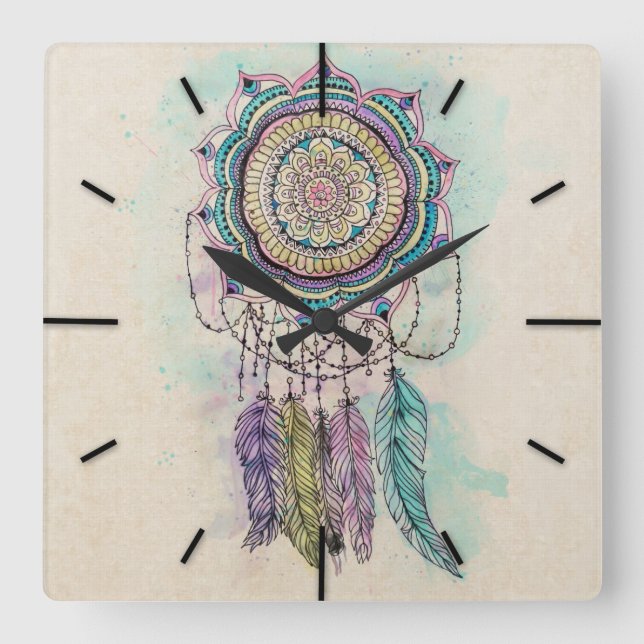 Boho Watercolor Mandala Dreamcatcher Square Wall Clock (Front)