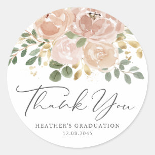 Boho Watercolor Mauve Flowers Graduation Thank You Classic Round Sticker