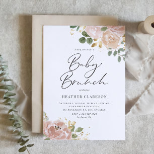 Boho Watercolor Mauve Peach Flowers Baby Brunch Invitation
