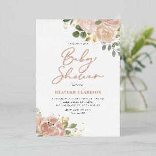 Boho Watercolor Mauve Peach Flowers Baby Shower Foil Invitation