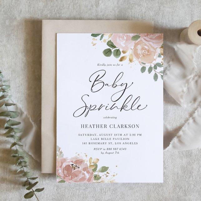 Boho Watercolor Mauve Peach Flowers Baby Sprinkle Invitation (Customizable floral baby sprinkle invitation featuring peach flowers, greenery and faux gold foil)