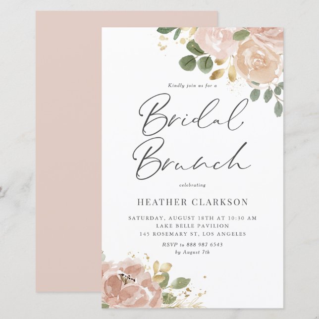 Boho Watercolor Mauve Peach Flowers Bridal Brunch (Front/Back)