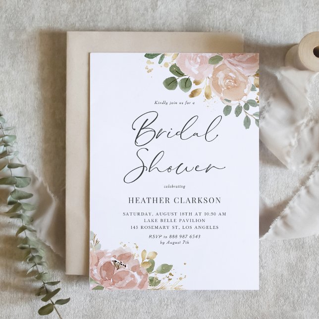 Boho Watercolor Mauve Peach Flowers Bridal Shower Invitation (Boho Watercolor Mauve Peach Flowers Bridal Shower Invitation)