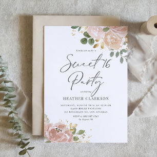Boho Watercolor Mauve Peach Flowers Sweet 16 Party Invitation