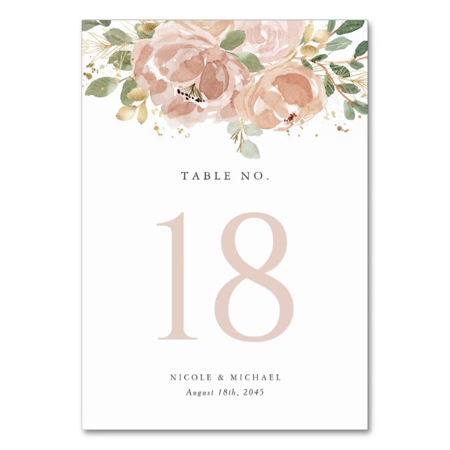 Boho Watercolor Mauve Peach Flowers Wedding Table Number (Front)