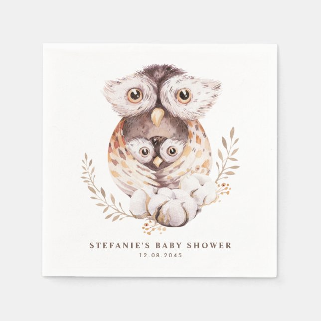 Boho Watercolor Mommy and Baby Owl Baby Shower Napkins (Front)