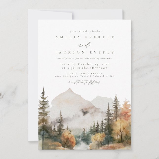 Boho Watercolor Mountain Wedding Invitation (Front)
