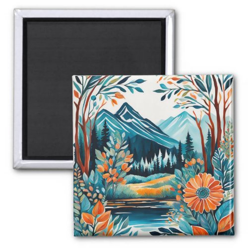 Boho Watercolor Mountainview Nature Magnet
