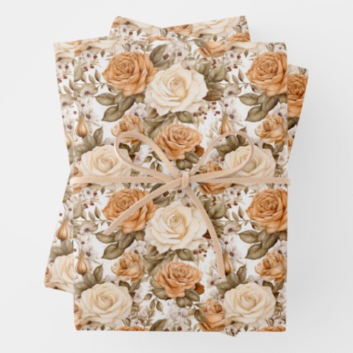 Boho watercolor muted sage green and copper roses wrapping paper sheets