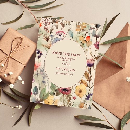 Boho Watercolor Muted Tones Wildflowers  Save The Date