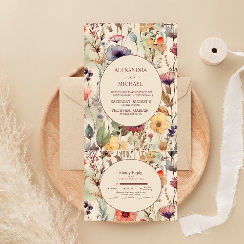 Boho Watercolor Muted Tones Wildflowers Wedding All In One Invitation