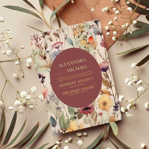 Boho Watercolor Muted Tones Wildflowers Wedding Foil Invitation