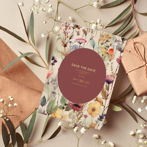 Boho Watercolor Muted Tones Wildflowers Wedding Foil Invitation
