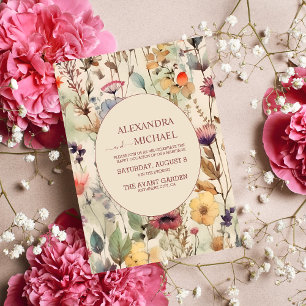 Boho Watercolor Muted Tones Wildflowers Wedding Invitation