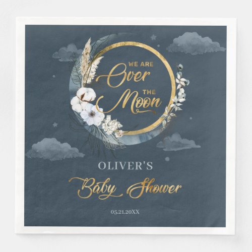 Boho watercolor navy and gold over the moon Baby Paper Dinner Napkins