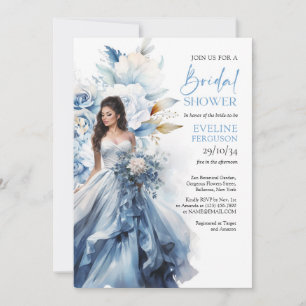 Boho watercolor navy and white flower bridal dress invitation