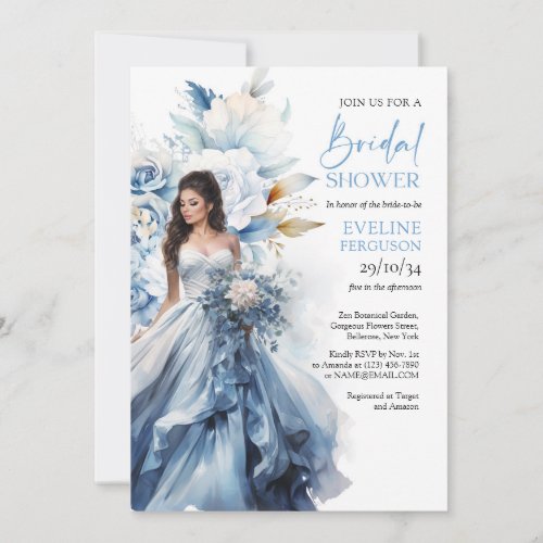 Boho watercolor navy and white flower bridal dress