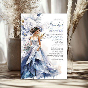 Boho watercolor navy and white flower bridal dress invitation