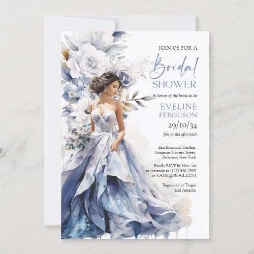 Boho watercolor navy and white flower bridal dress invitation