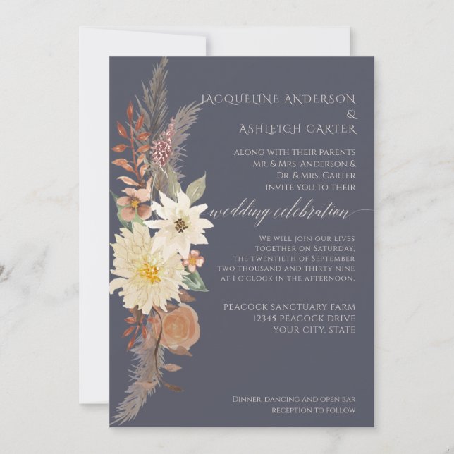 BOHO Watercolor Navy Floral Pampas Grass Elegant Invitation (Front)